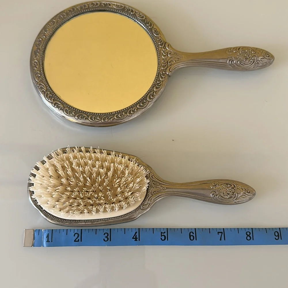Vanity Hand Held Mirror and Brush Set Ornate Victorian Silverplate